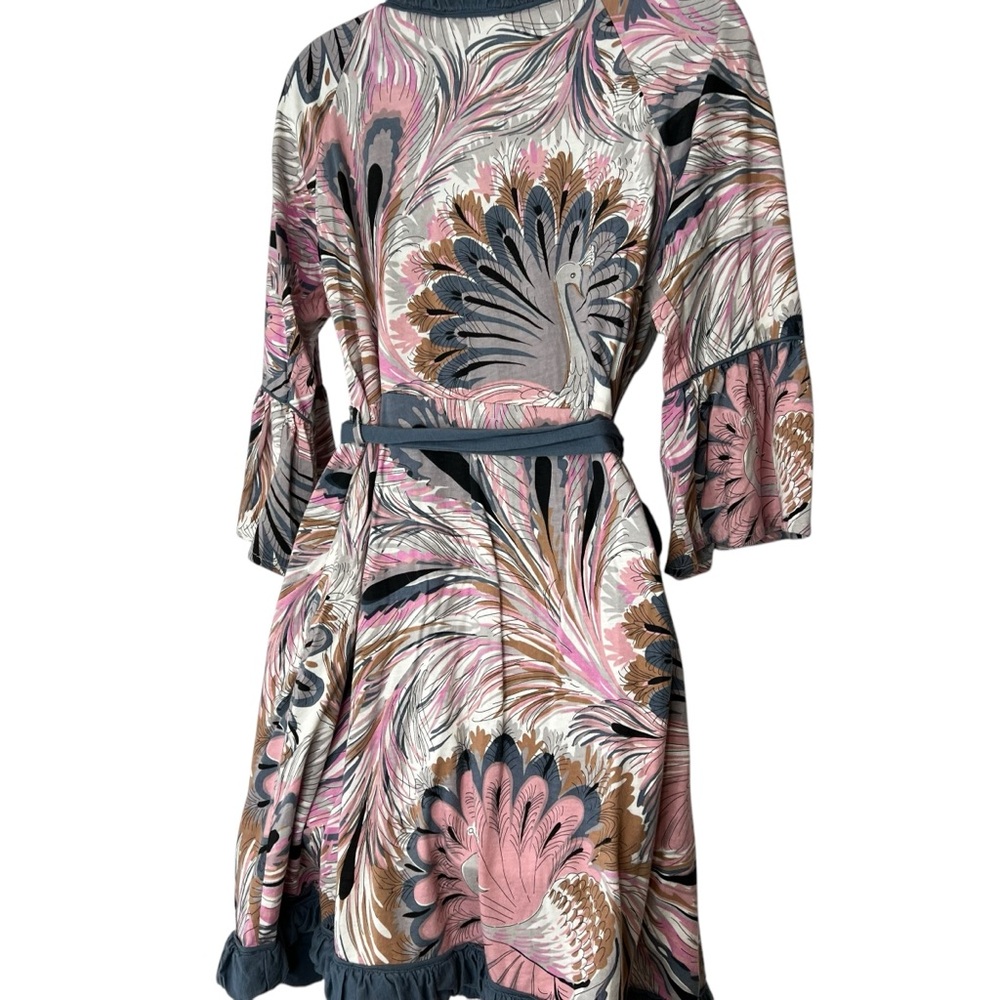 Women's Printed Short Robe with Ruffle Trim - Pink Multi - Picture 13 of 15